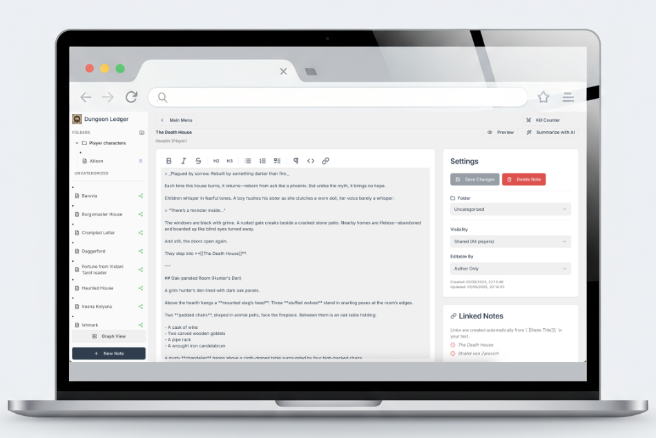 Dungeon Ledger note editor with Markdown formatting